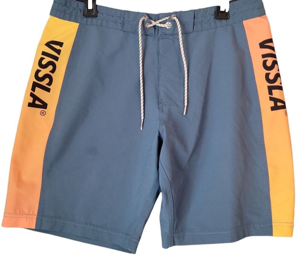 VISSLA- Men's 32 Blue Orange Spellout El Sporto 18" Boardshorts